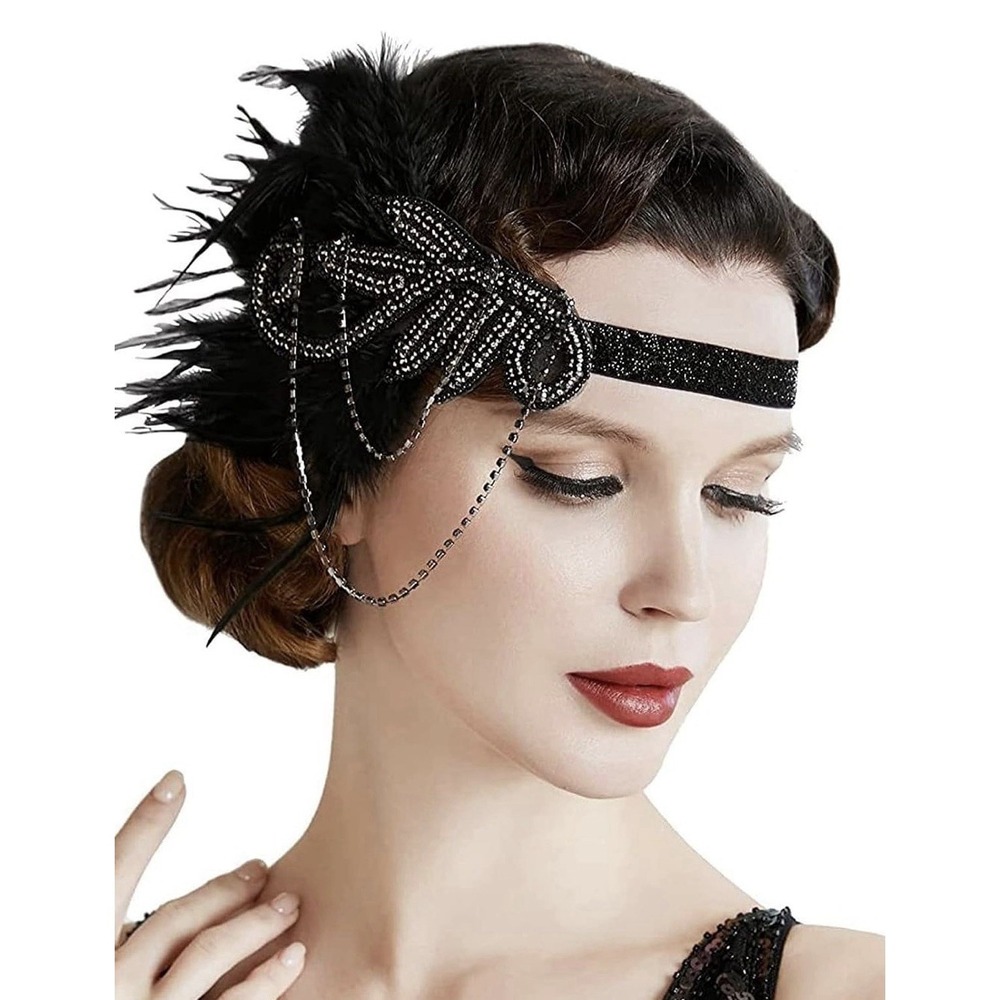 New 1920s Feather Headpiece Great Gatsby Headband Flapper Hair Accessories Black
